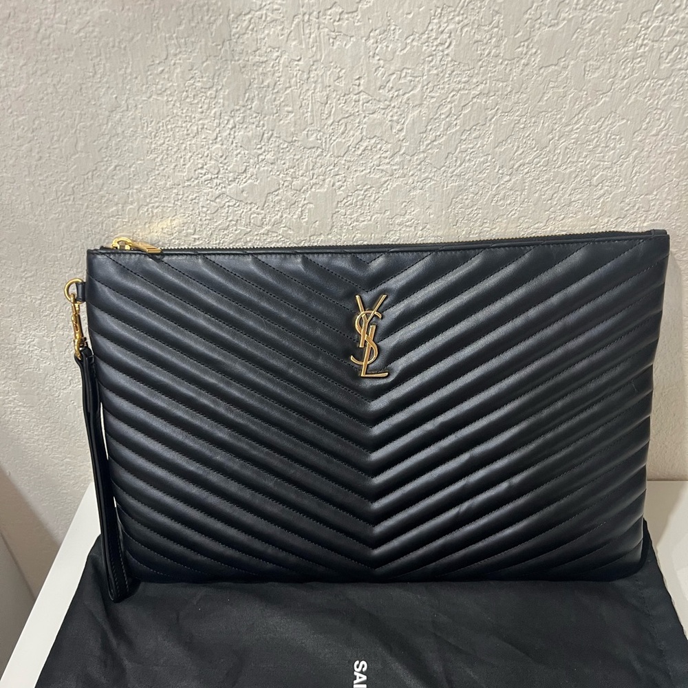 Saint Laurent Logo Matelassé Leather Pouch with Gold Hardware